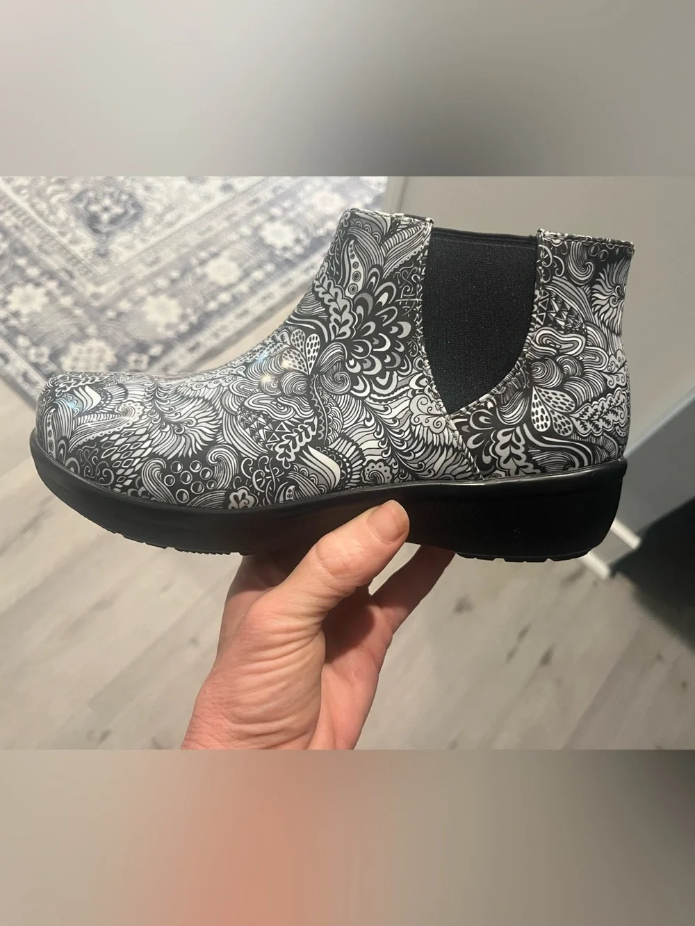 Alegria Black & White Patterned Ankle Rain Boots
